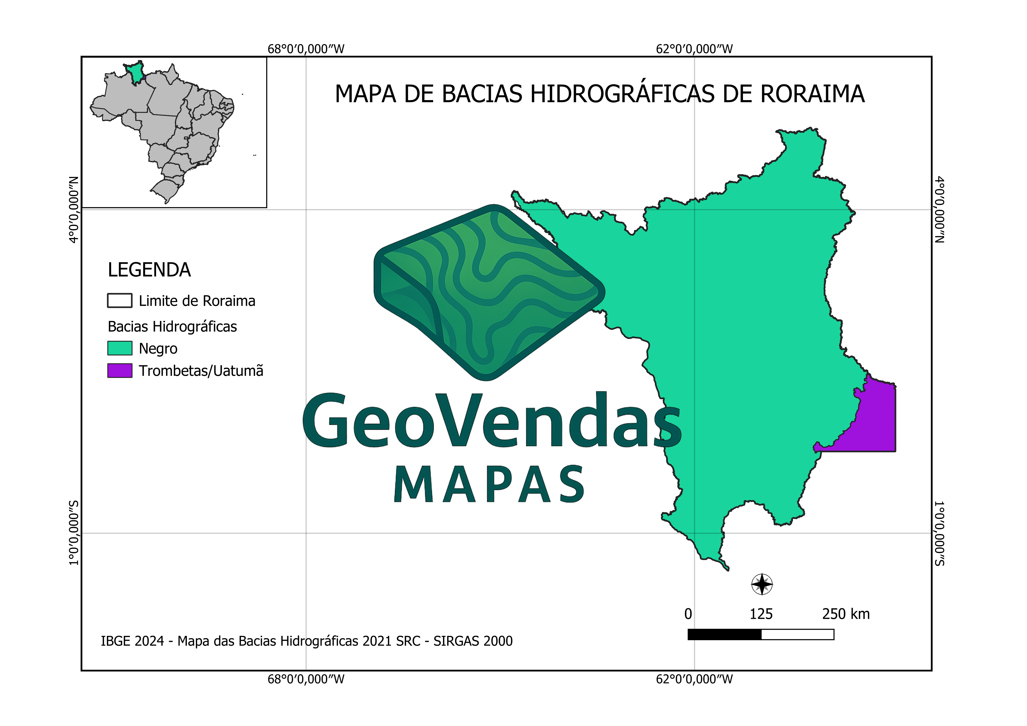 Mapa de Bacias hidrográficas de Roraima